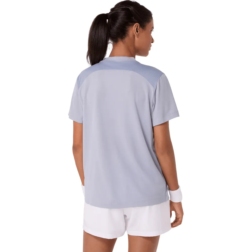 playera deportiva asics court ss top mujer gris azul para entrenamientos de tenis