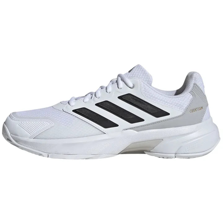 tenis para padel adidas courtjam control 3 blancos con detalles negros y gran soporte lateral