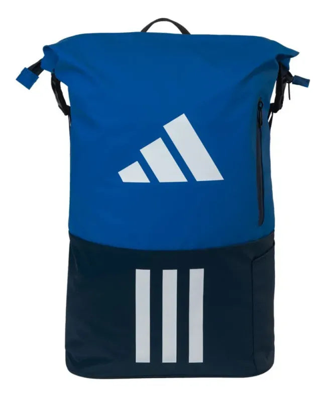 mochila adidas multigame 3.4 azul con diseño roll-top y panel trasero acolchado