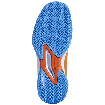 zapatillas babolat niño color naranja y celeste para pádel sobre tierra batida