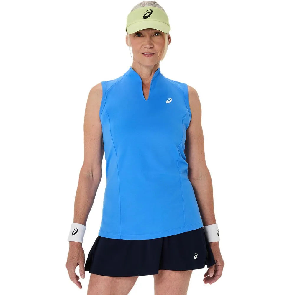 blusa sin mangas asics para mujer azul claro con cuello en v para pádel o tenis