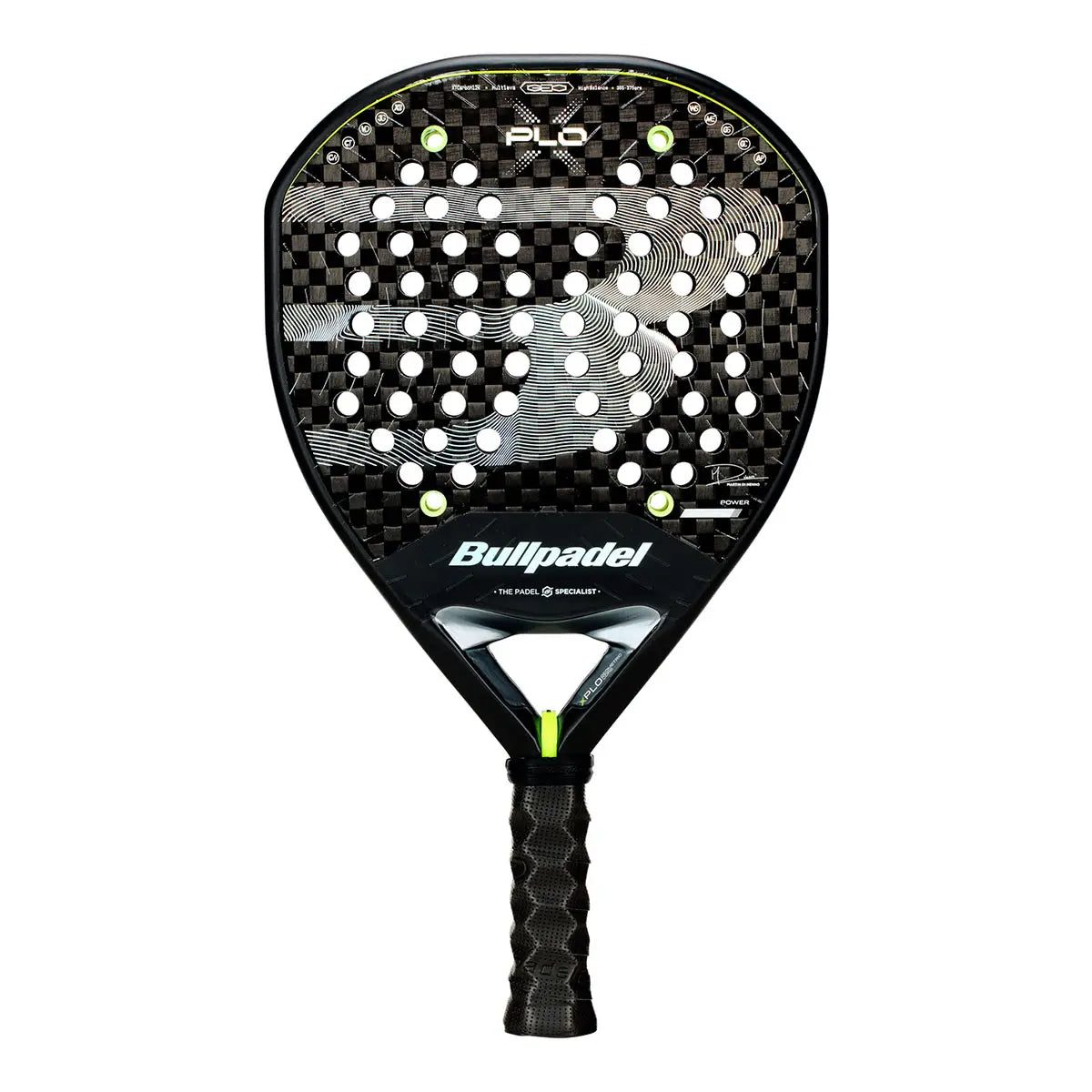 pala bullpadel xplo 2026 con diseño negro carbono y detalles verdes para potencia máxima