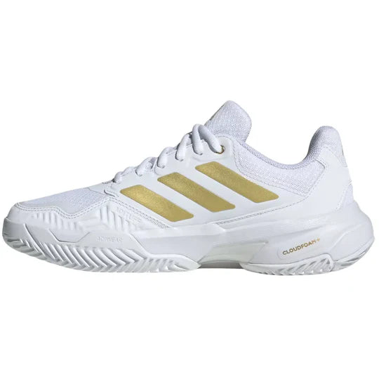 zapatillas adidas padel mujer courtjam control 3 blancas con franjas doradas y diseño estable