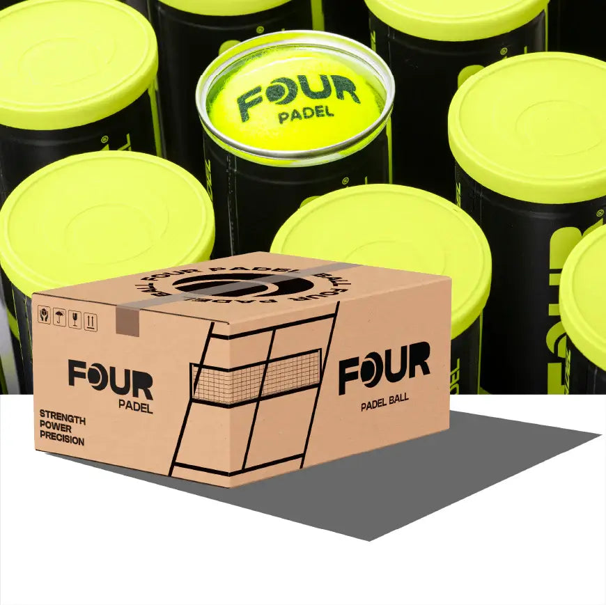 caja de pelotas four padel x24 con 24 botes para padel
