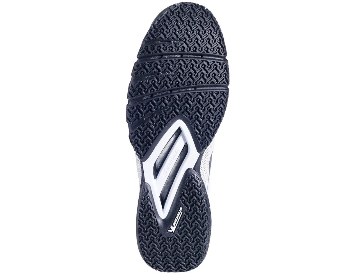 tenis babolat jet viva negro blanco con suela espiga michelin de alto agarre