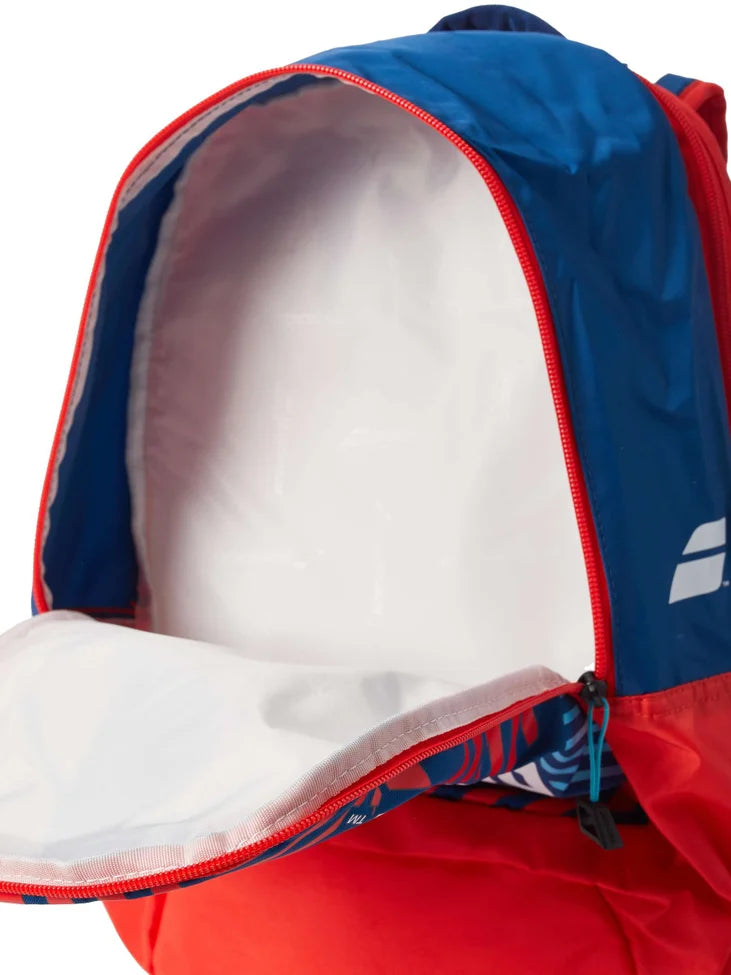mochila babolat classic junior azul rojo con bolsillo superior para snacks