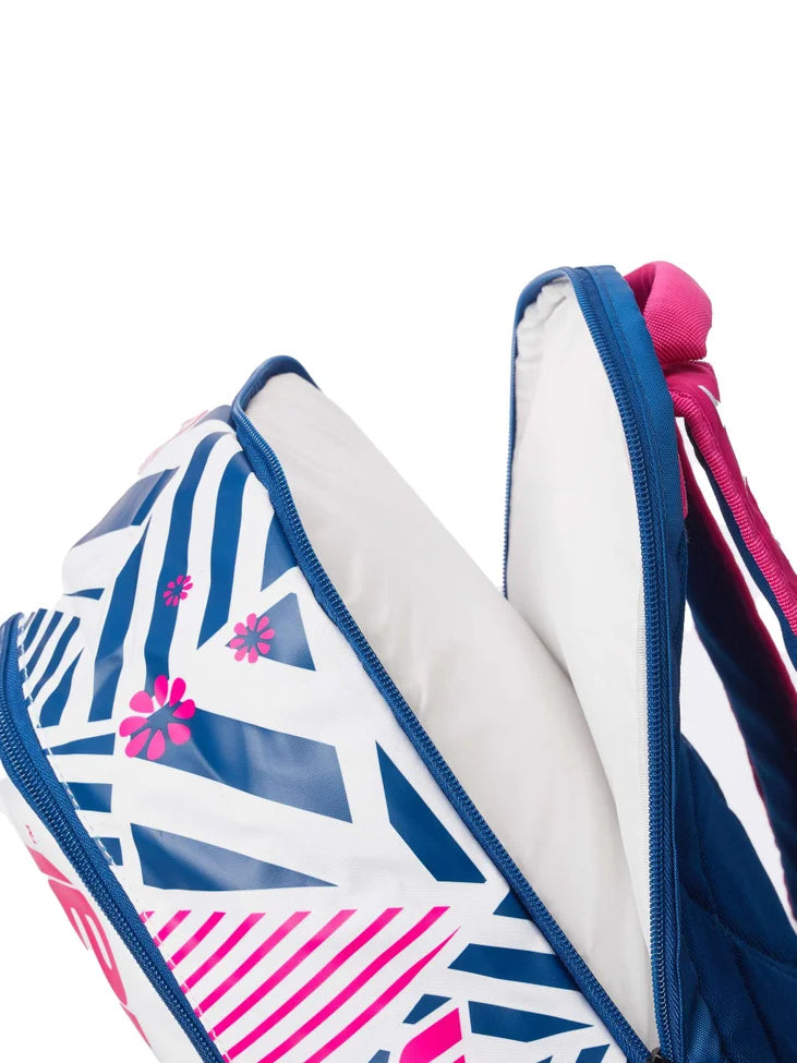 mochila babolat niños azul rosa blanco con compartimento para raqueta
