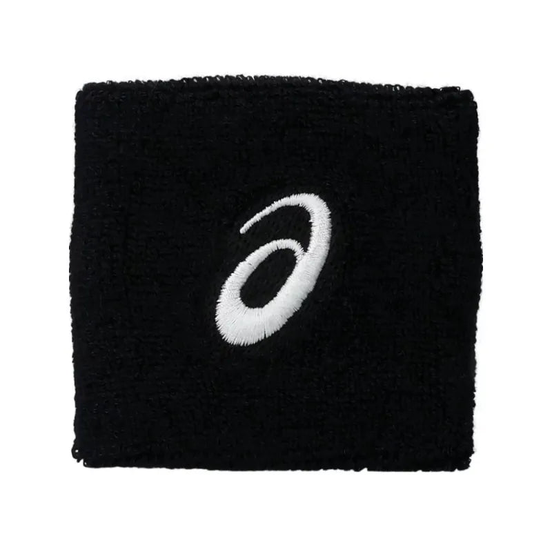 muñequeras asics negras de felpa suave con logo blanco bordado