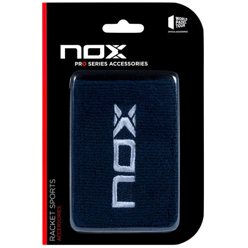 muñequeras nox azul marino largas con logo blanco para padel con alta absorcion de sudor