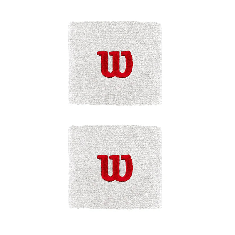 muñequeras wilson blancas con logo rojo bordado en par