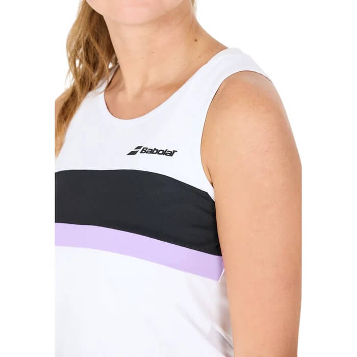 babolat play tank blanca mujer con panel frontal en negro y lila