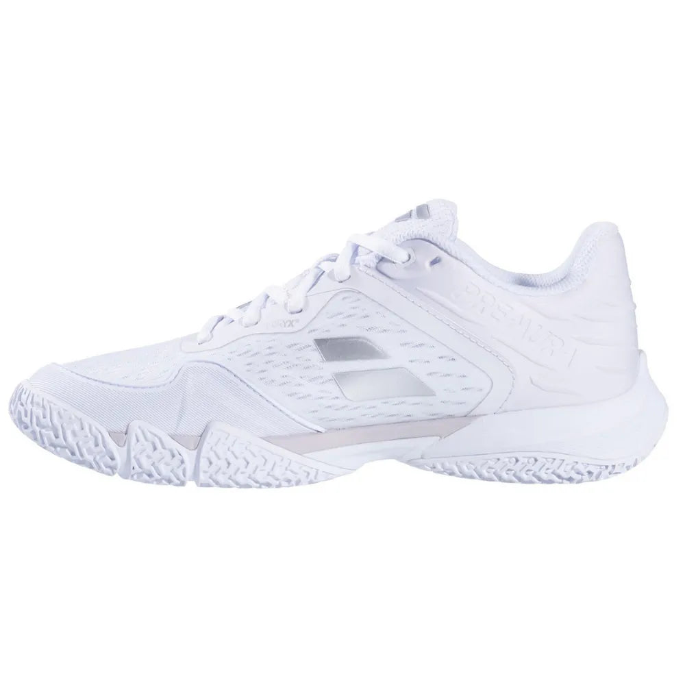 zapatillas babolat padel mujer color blanco y plata con tecnología 360 flex