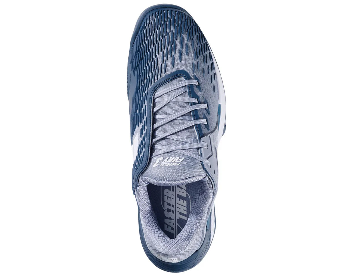 tenis babolat propulse fury 3 color gris y blanco con ajuste firme y cómodo