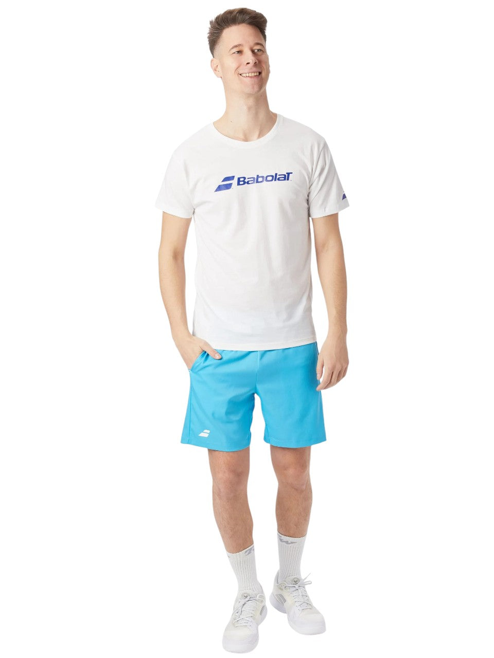 short técnico babolat play celeste con tela de secado rápido