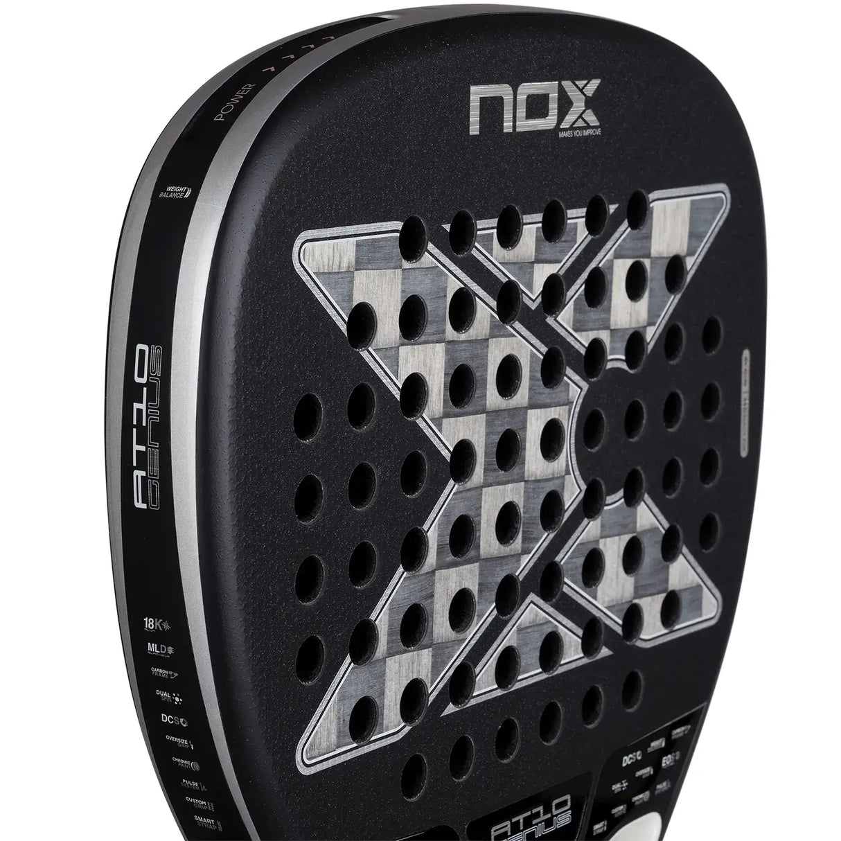 pala nox con carbono 18k alum, sistema de pesos y núcleo black eva para juego ofensivo y duradero