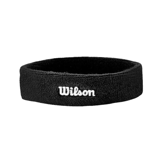 vincha negra de felpa wilson con logo blanco bordado