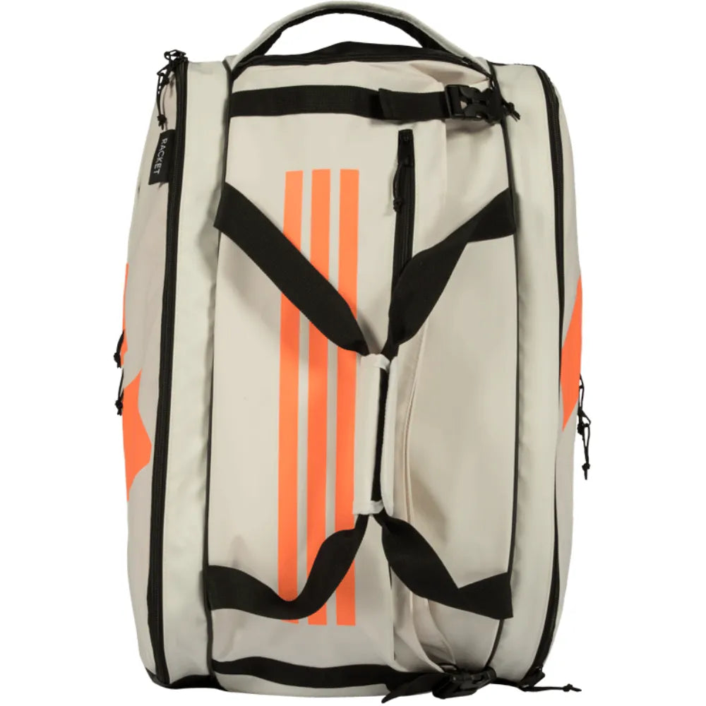 mochila padel adidas multigame white 2026 58L en blanco naranja con estructura semirrígida