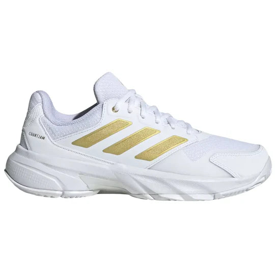 tenis adidas courtjam control 3 mujer blanco con dorado para padel con suela espiga de alta traccion