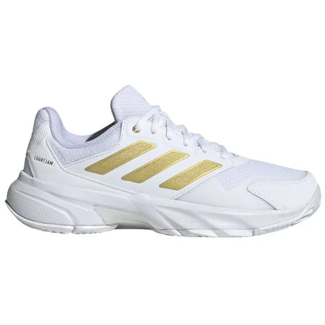 tenis adidas courtjam control 3 mujer blanco con dorado para padel con suela espiga de alta traccion