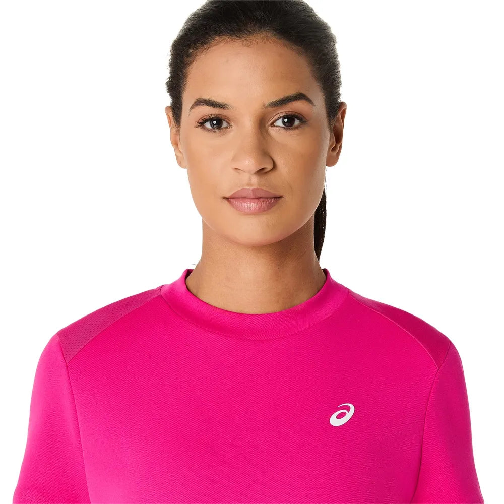 playera tenis mujer asics court ss top pink rave con malla en espalda para mayor transpirabilidad
