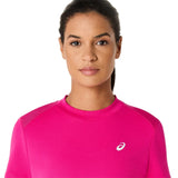 playera tenis mujer asics court ss top pink rave con malla en espalda para mayor transpirabilidad