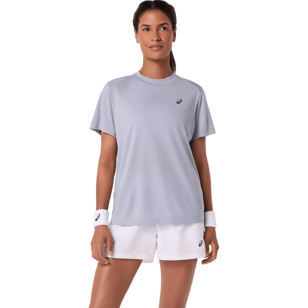 playera asics court ss top mujer grey blue para tenis con tejido ligero de secado rapido