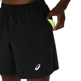 asics court 7in shorts negro hombre con logotipo blanco en pierna