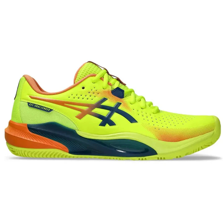 tenis asics gel challenger padel amarillo neon con detalles azul y naranja para alto rendimiento