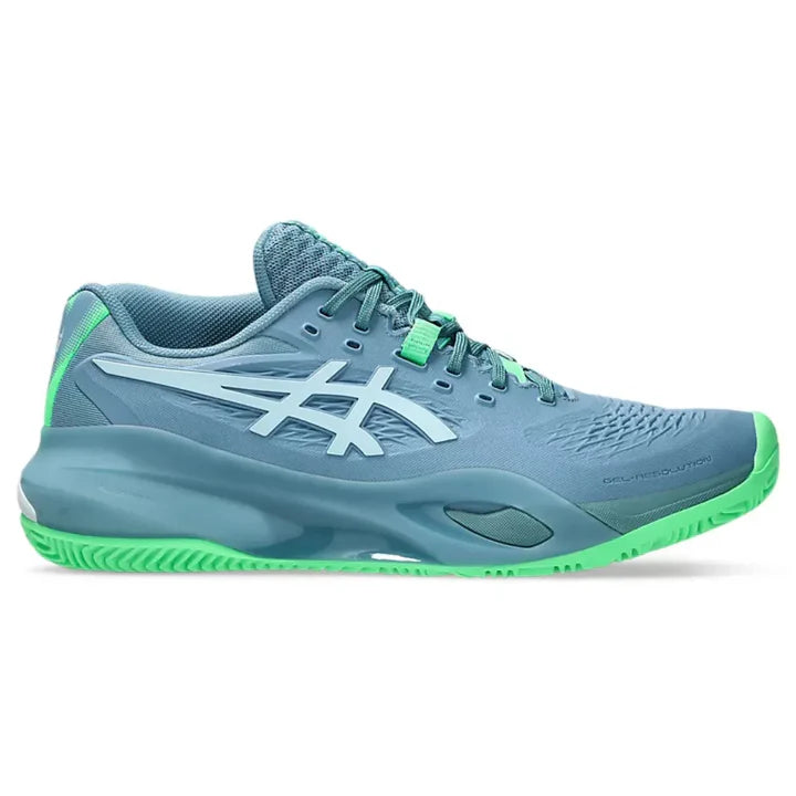 tenis asics gel resolution x azul verde para padel con suela x groove y gran estabilidad en cancha de pádel