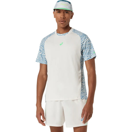 playera asics padel court all over print ss top hombre cream saba blue para jugar padel con tejido de secado rápido