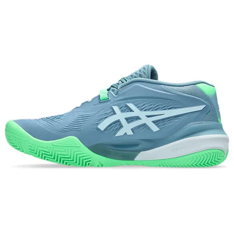 zapatillas padel asics gel resolution x color azul con detalles verdes y tecnologia gel para mayor confort