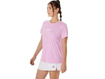 playera asics tennis graphic tee rosa mujer manga corta con logo frontal