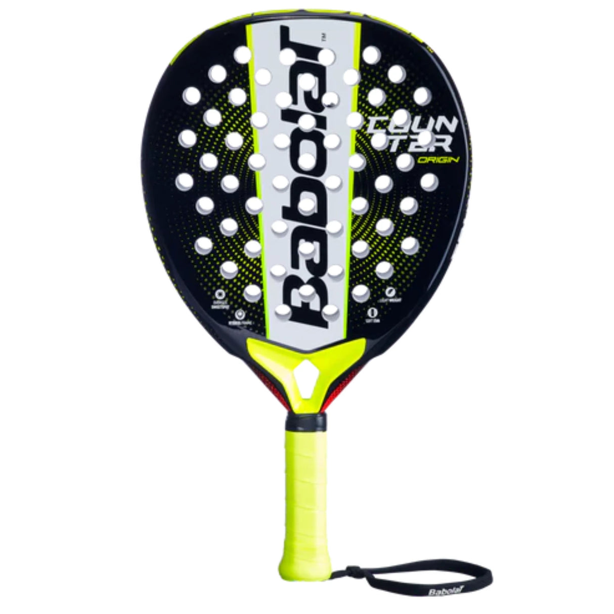 pala de padel babolat counter origin negra con detalles en amarillo y grip neón