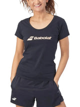 camiseta babolat exercise tee mujer negra con logo rosa deportivo