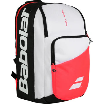 mochila babolat pure strike 42 litros blanca y roja con espacio para 3 raquetas