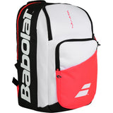 mochila babolat pure strike 42 litros blanca y roja con espacio para 3 raquetas