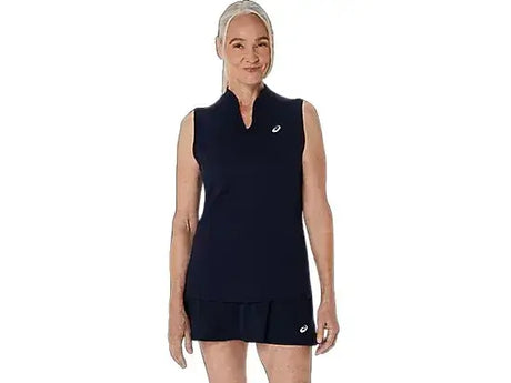 blusa sin mangas asics mujer azul marino para pádel o tenis con cuello en v
