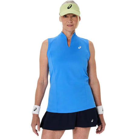 blusa sin mangas asics para mujer azul claro con cuello en v para pádel o tenis
