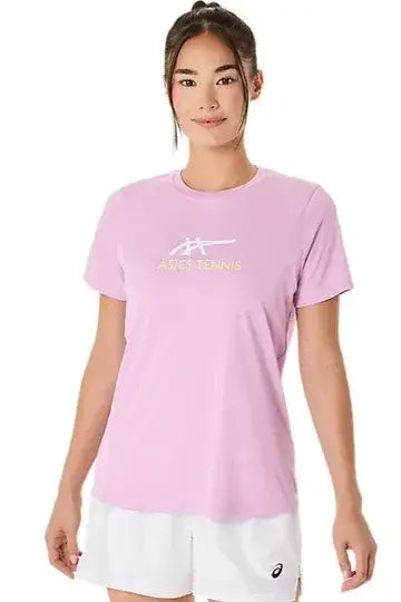 blusa asics rosa mujer tenis graphic tee con logo en pecho
