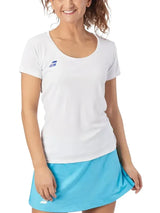 blusa deportiva blanca con logo azul marino para pádel mujer