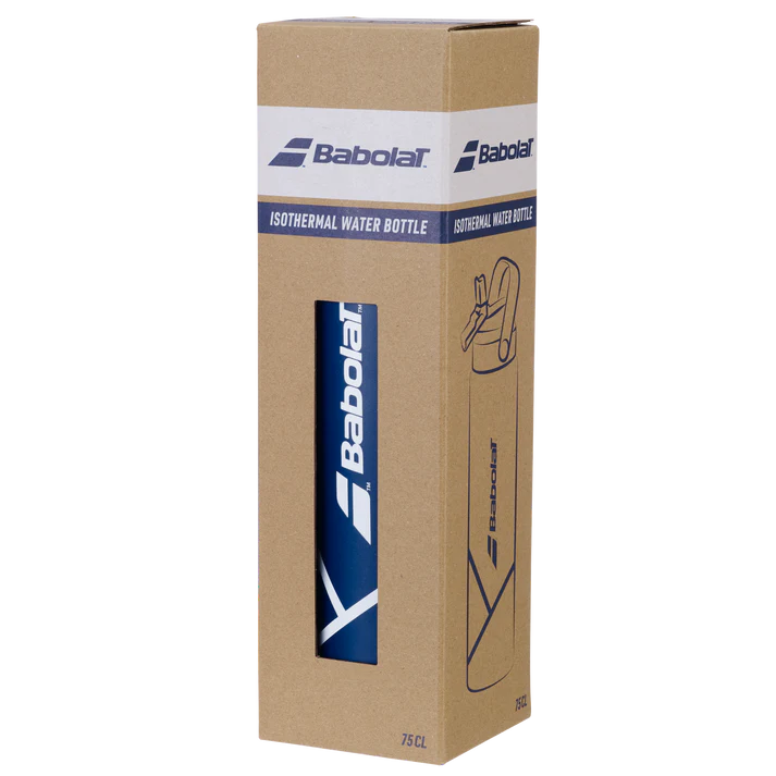 botella térmica babolat azul con tapa negra y popote integrado 75cl