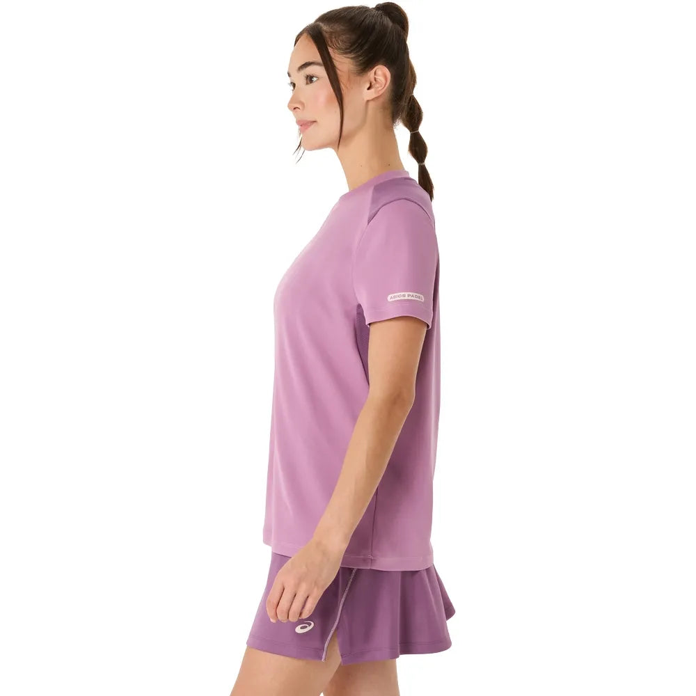 playera asics padel mujer color lila con diseño deportivo y fresco