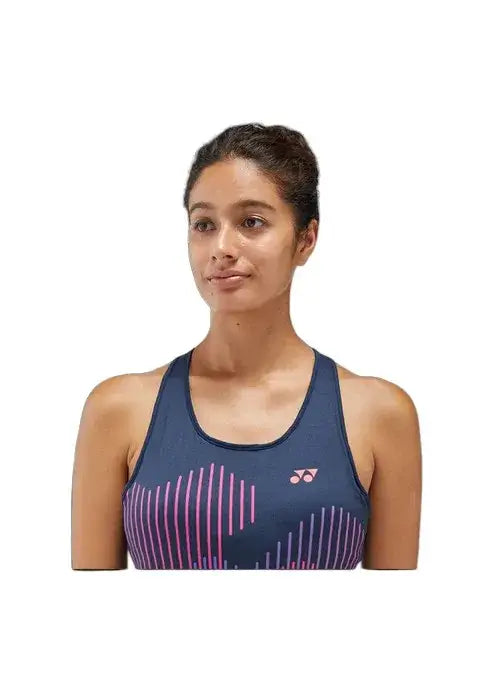 camiseta deportiva yonex mujer azul con estampado vertical moderno