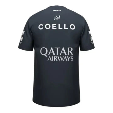 camiseta padel azul navy arturo coello con logos de head, alpine y qatar airways