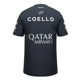 camiseta padel azul navy arturo coello con logos de head, alpine y qatar airways