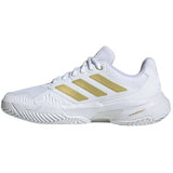 zapatillas adidas padel mujer courtjam control 3 blancas con franjas doradas y diseño estable
