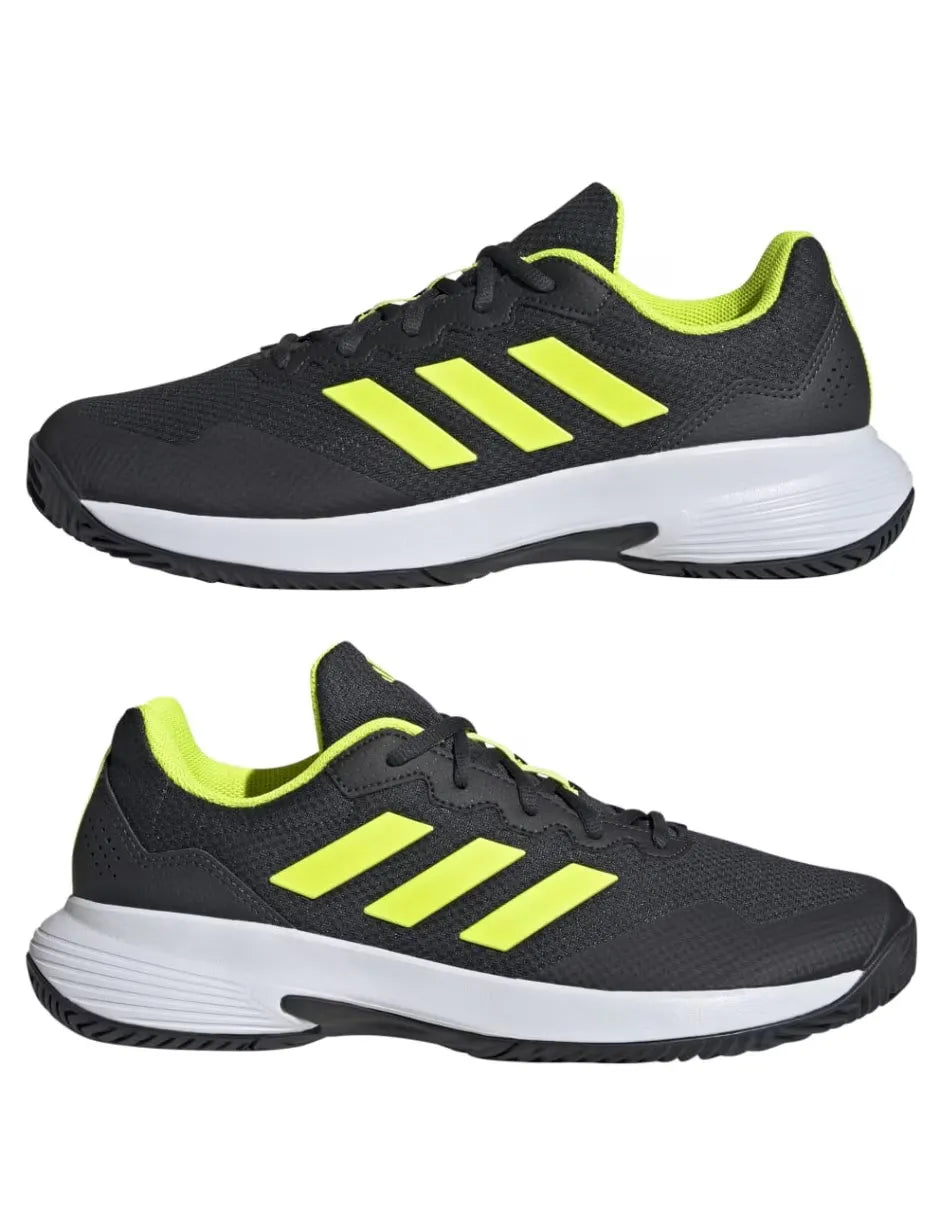 tenis adidas gamecourt 2 vista lateral con detalles lucid limón