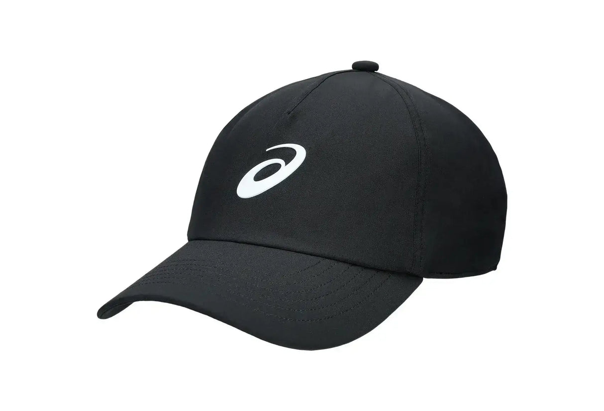 gorra asics performance negra con logo blanco y visera curva para pádel