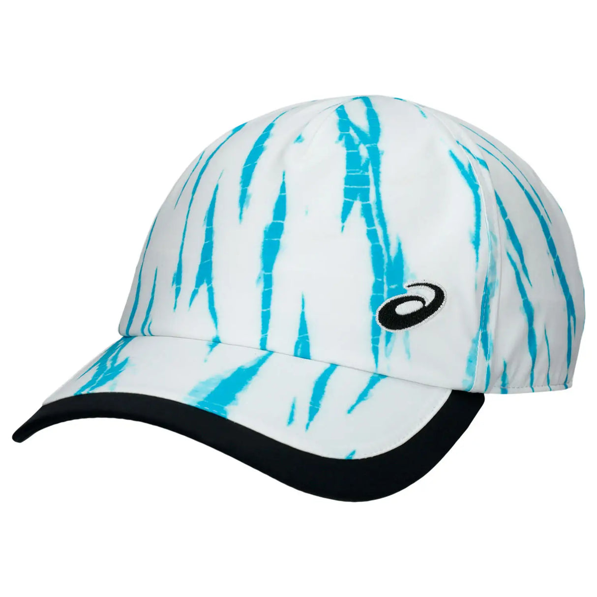 gorra asics blanca con estampado azul tie-dye y visera curva negra
