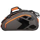 mochila padel nox at10 team gris con detalles en naranja y gran capacidad para equipo de padel